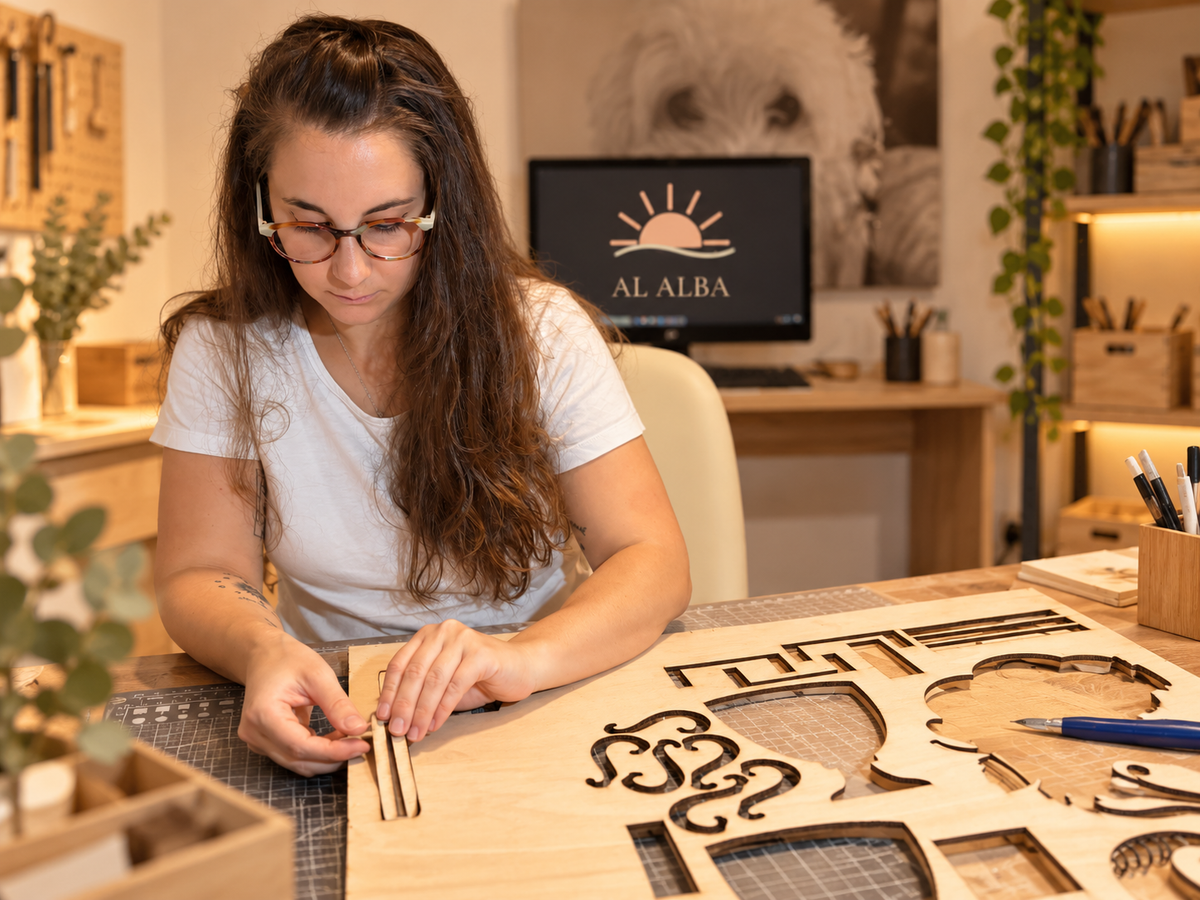 Alba trabajando con madera en su taller artesanal