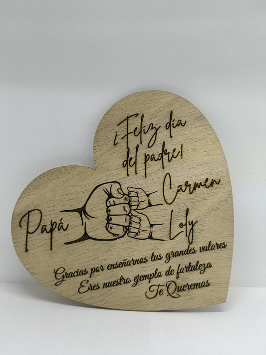 Placa de Madera Personalizada en Forma de Corazón - "Choque de Puños" Padre e Hijos
