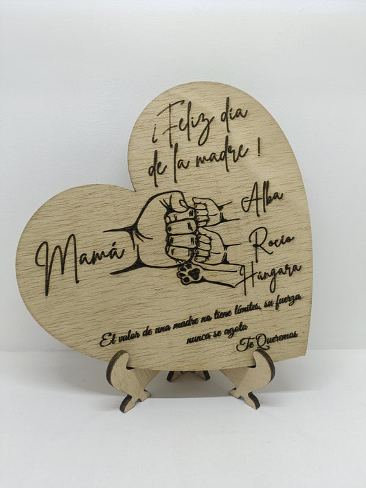 Placa de madera en forma de corazón para mamá