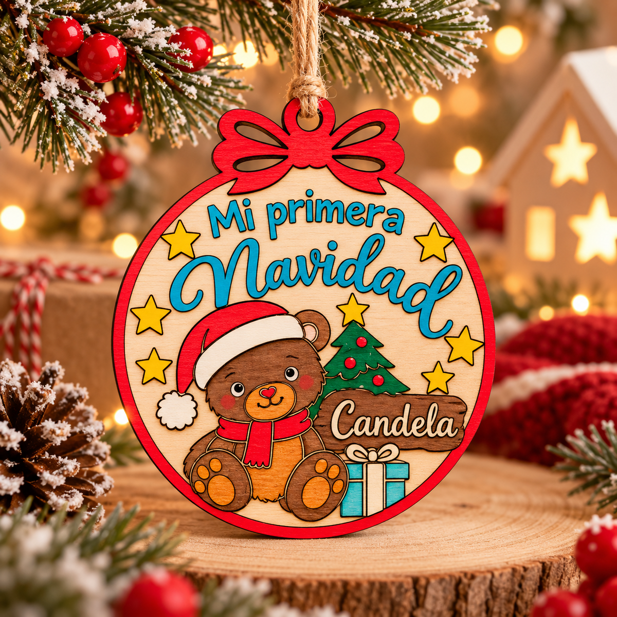 Bola Mi Primera Navidad personalizada en madera