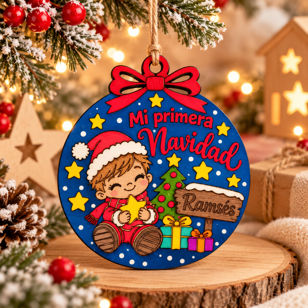 Bola Mi Primera Navidad personalizada en madera