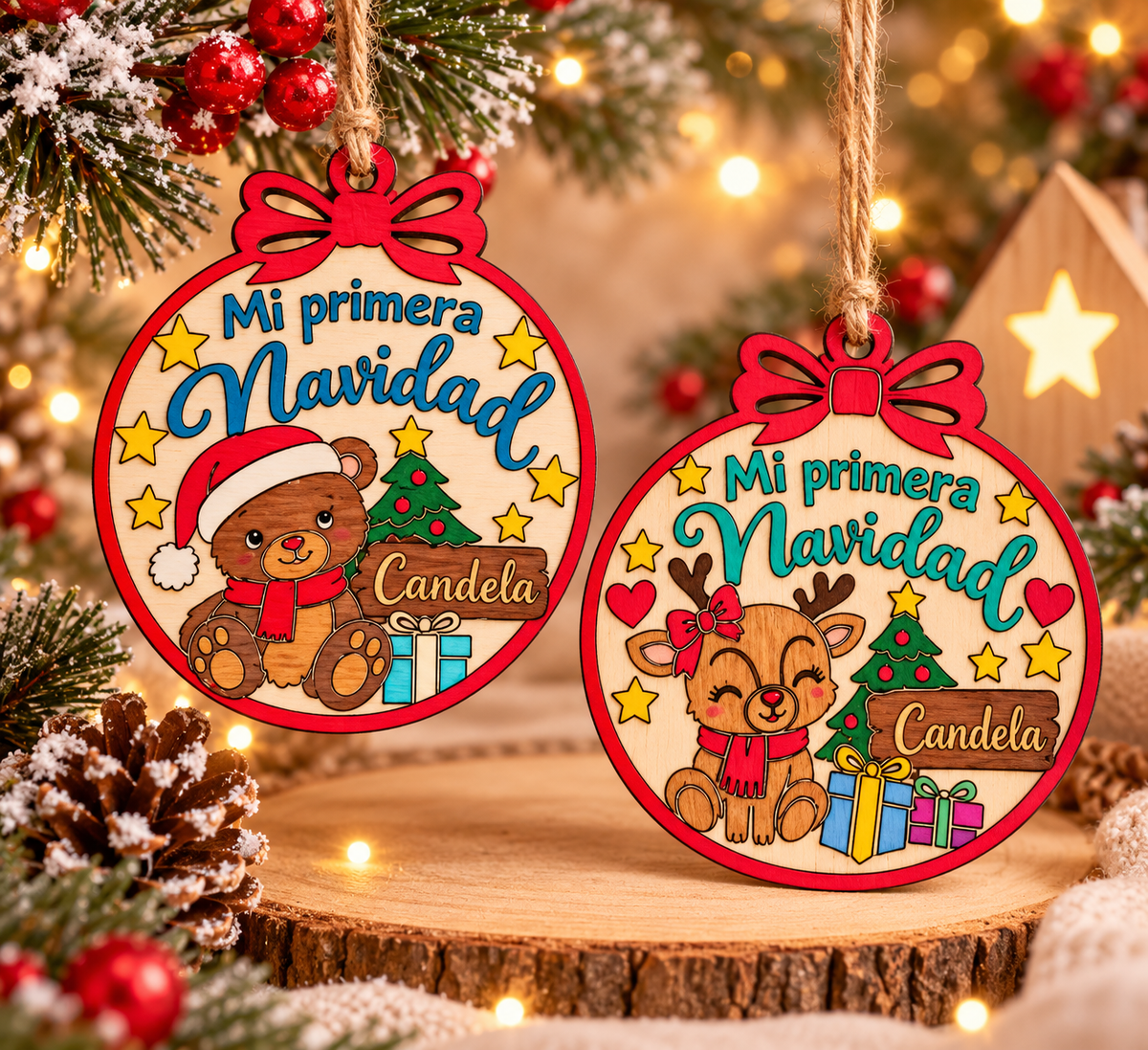 Bola Mi Primera Navidad personalizada en madera